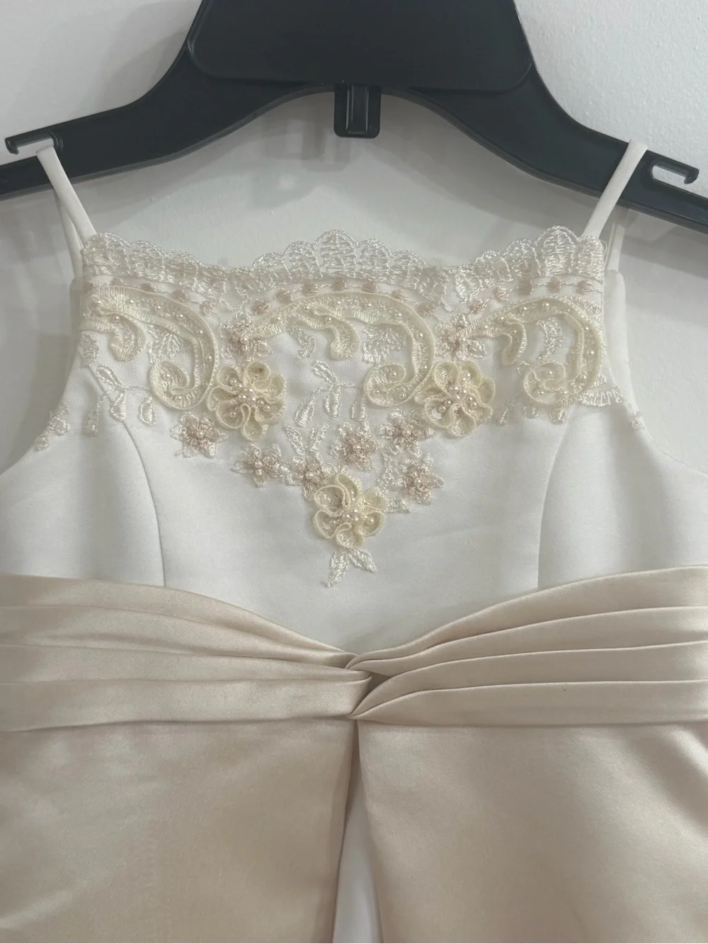 David's Bridal 2T Flower Girl Satin Dress High-Low Train - Ivory/Champagne - Picture 3 of 11